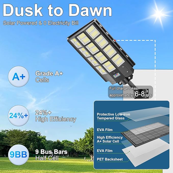 8000W Solar Solar Street Lights Outdoor Solar Lights Waterproof, 240000LM 7000K Solar Powered Paroking Lot Light Dusk to Dawn Motion Sensor, Solar Street Light 6-Pack