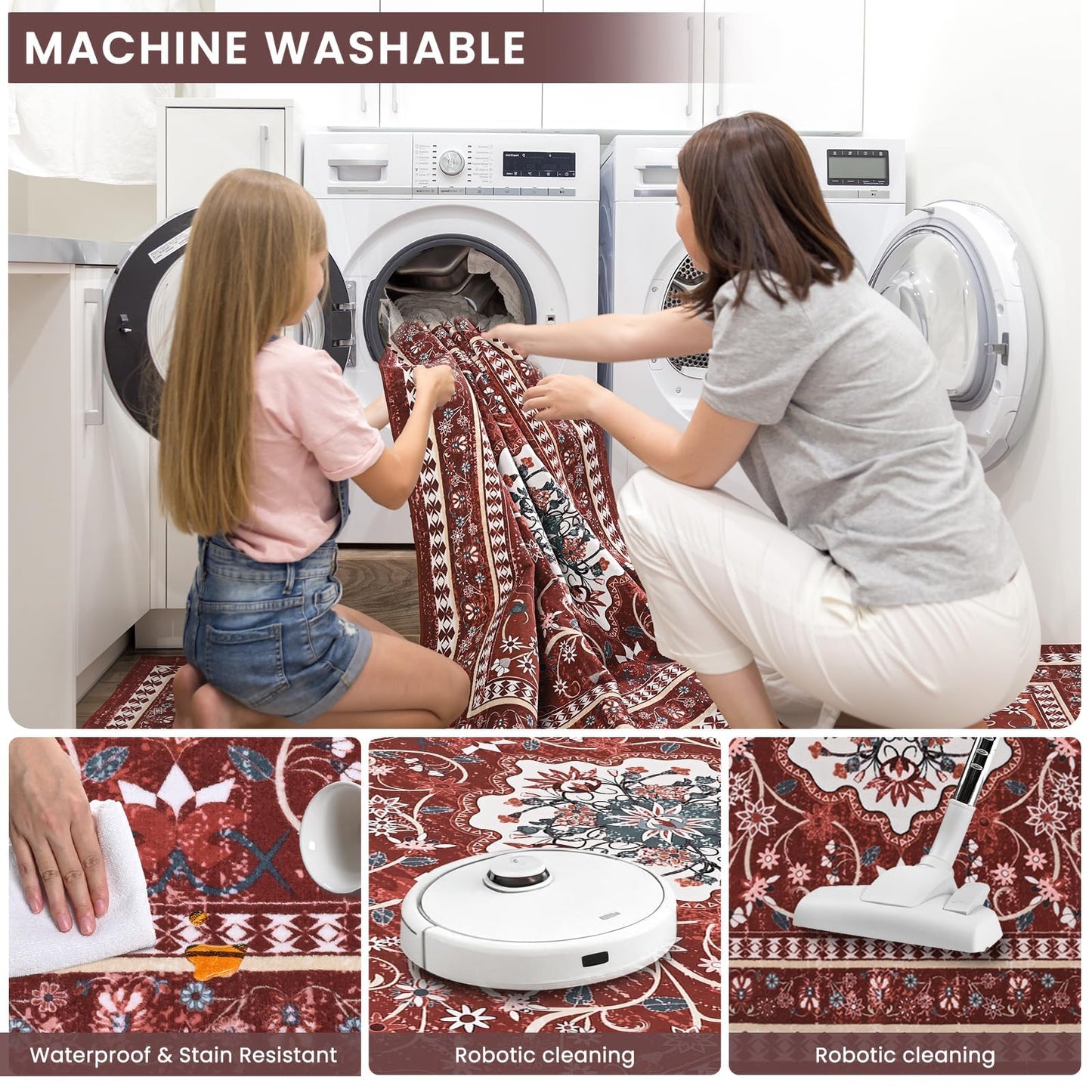 BLEUM CADE 8' x 10' Red Boho Rugs for Living Room, Washable Low Pile Non-Slip Area Rugs for Bedroom Dining Room Kitchen Classroom Office Nursery Playroom