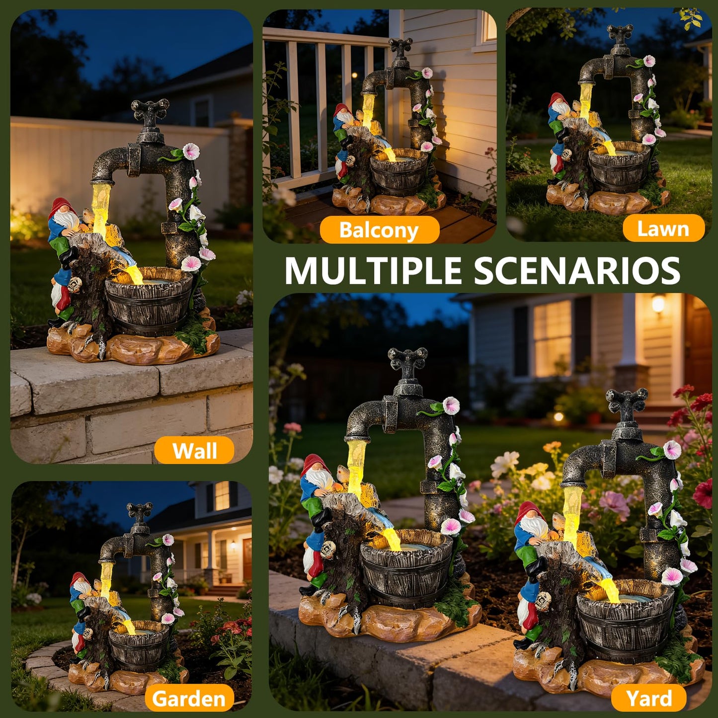 QCF Solar Garden Gnomes Statues Outdoor Yard Decorations, 10" Resin Fountain Gnome Outside Christmas Art Decor for Lawn Patio Porch Backyard,Unique Housewarming Gifts for Women Mom Grandma