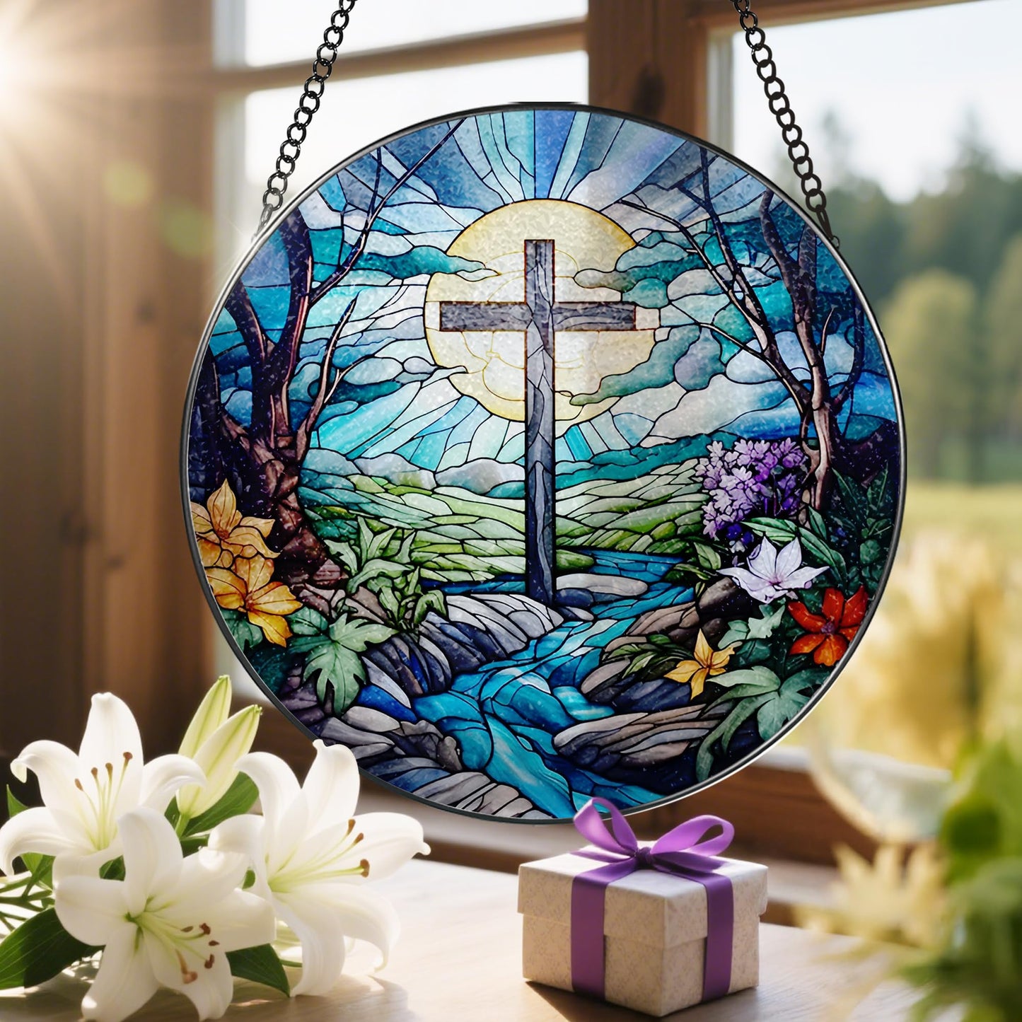 8 Inch Cross Stained Glass Suncatcher - Stained Glass Window Hanging, Sun Catchers Indoor Window, Christian Decor, Window Decor Hanging | Christian Gifts, Religious Gifts, Baptism Gift