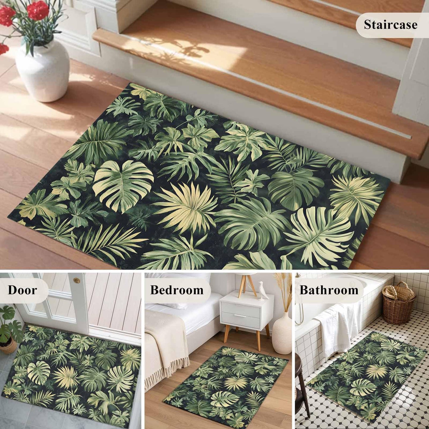 Palm Tree Leaves Entryway Rug 2x3 Area Rug Washable Indoor Doormat Small Bathroom Rugs Non-Slip Low Pile Accent Throw Rugs Summer Tropical Green Botanical Floor Carpet for Kitchen Bedroom Entrance