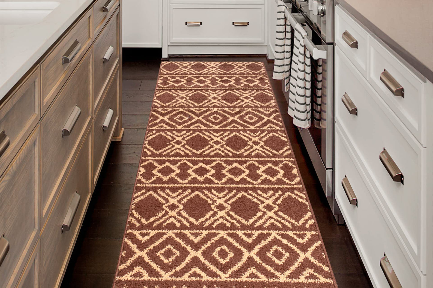 Custom Length, Non Slip Southwest Native American Pattern Carpet Runner Rug Mat for Entry Hallway Kitchen Laundry, 26 inch x 7 feet, Brown
