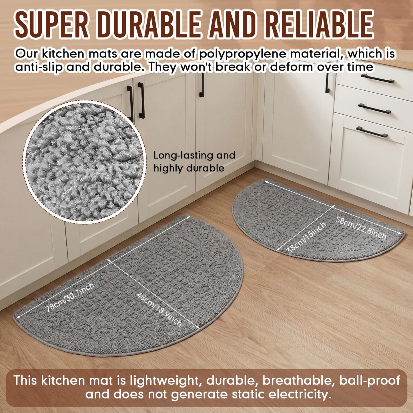 Drydiet 2 Pcs Kitchen Rugs 15 x 22 Inches 18 x 30 Inches Kitchen Mats Non Skid Washable Doormat Indoor Entrance Absorbent Standing Half Circle Carpet for Home Floor Patio Garage Door(Grey)