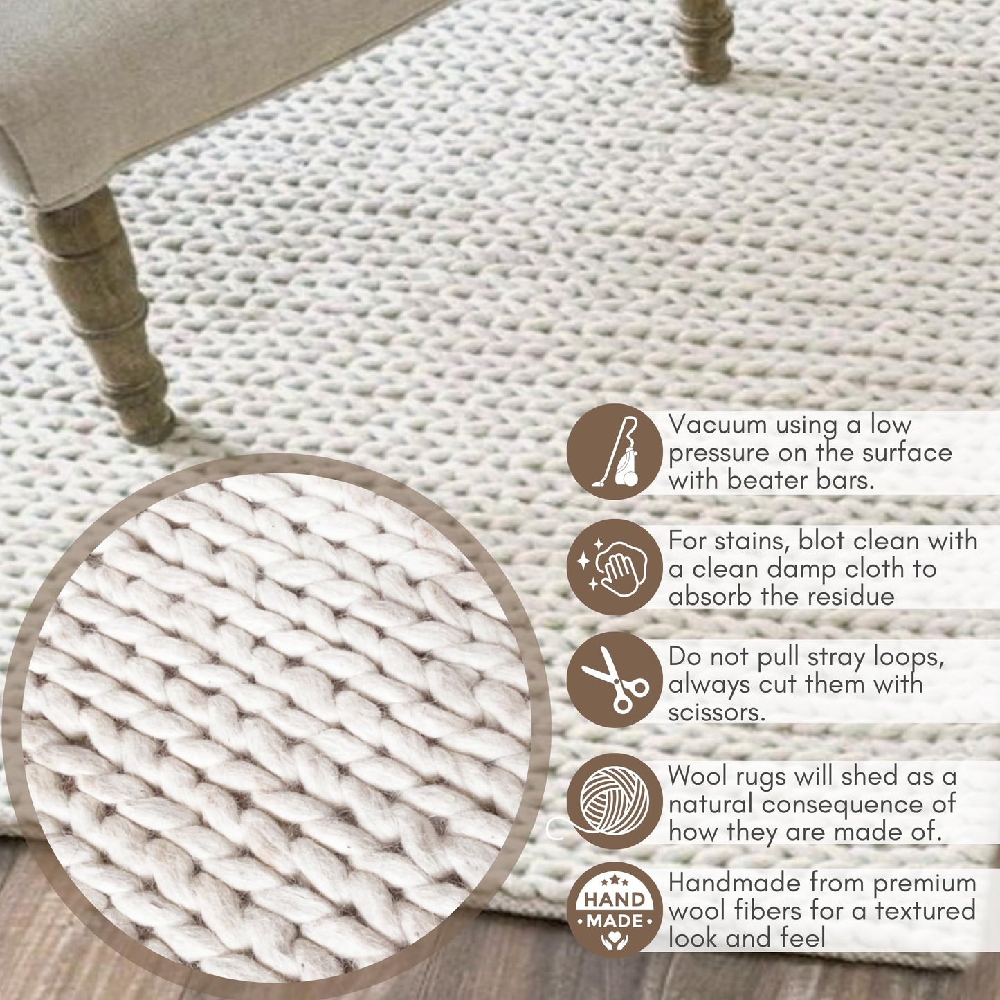 FRELISH DECOR Wool Cotton Area Rug for Living Room and Bedroom, 5'x8' Handwoven Braided Chunky Knit Cable Rugs, Farmhouse Contemporary Area Rug: Wool Ivory Premium