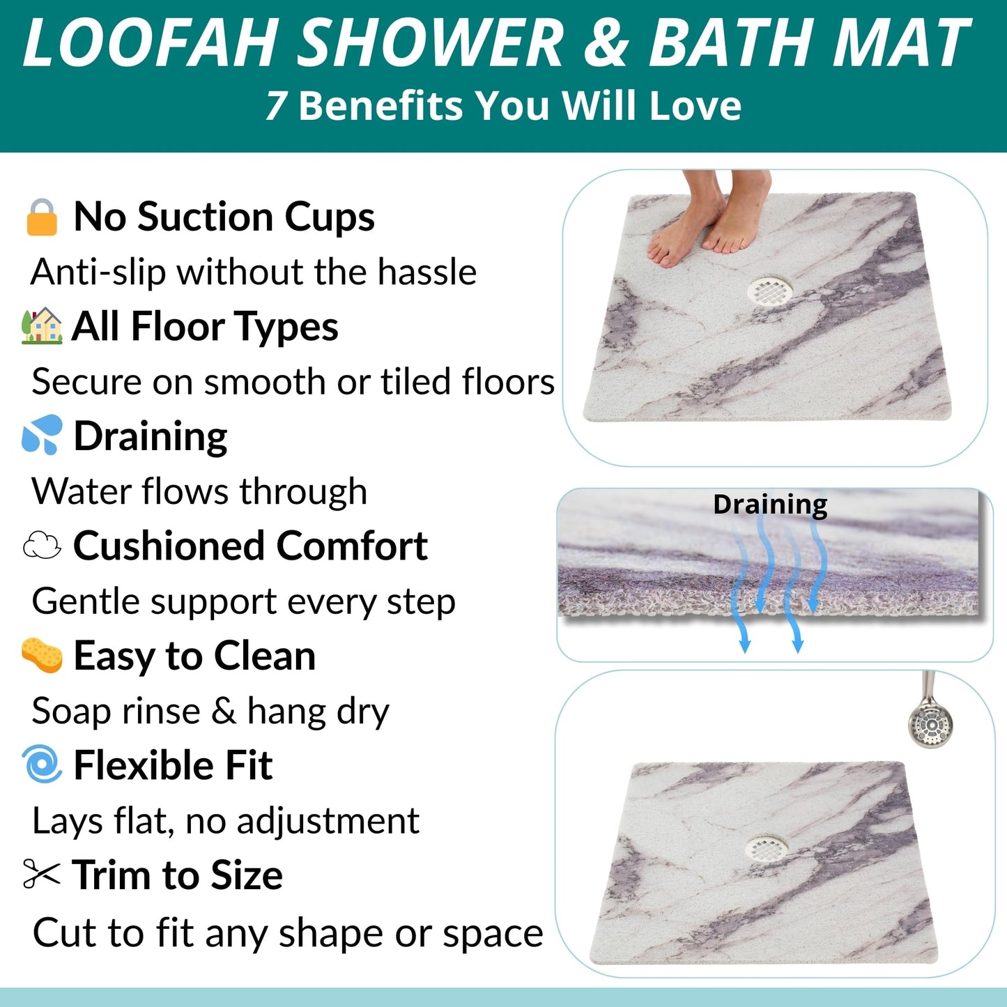 Enkosi Loofah Shower Mat with Drain Hole – Cushioned Anti-Slip Square Bath Mat for Showers, Wet Bathroom Floors – Textured PVC, Secure Non Slip Safety Pad for Walk-in Stalls (27x27 Marble Grey)