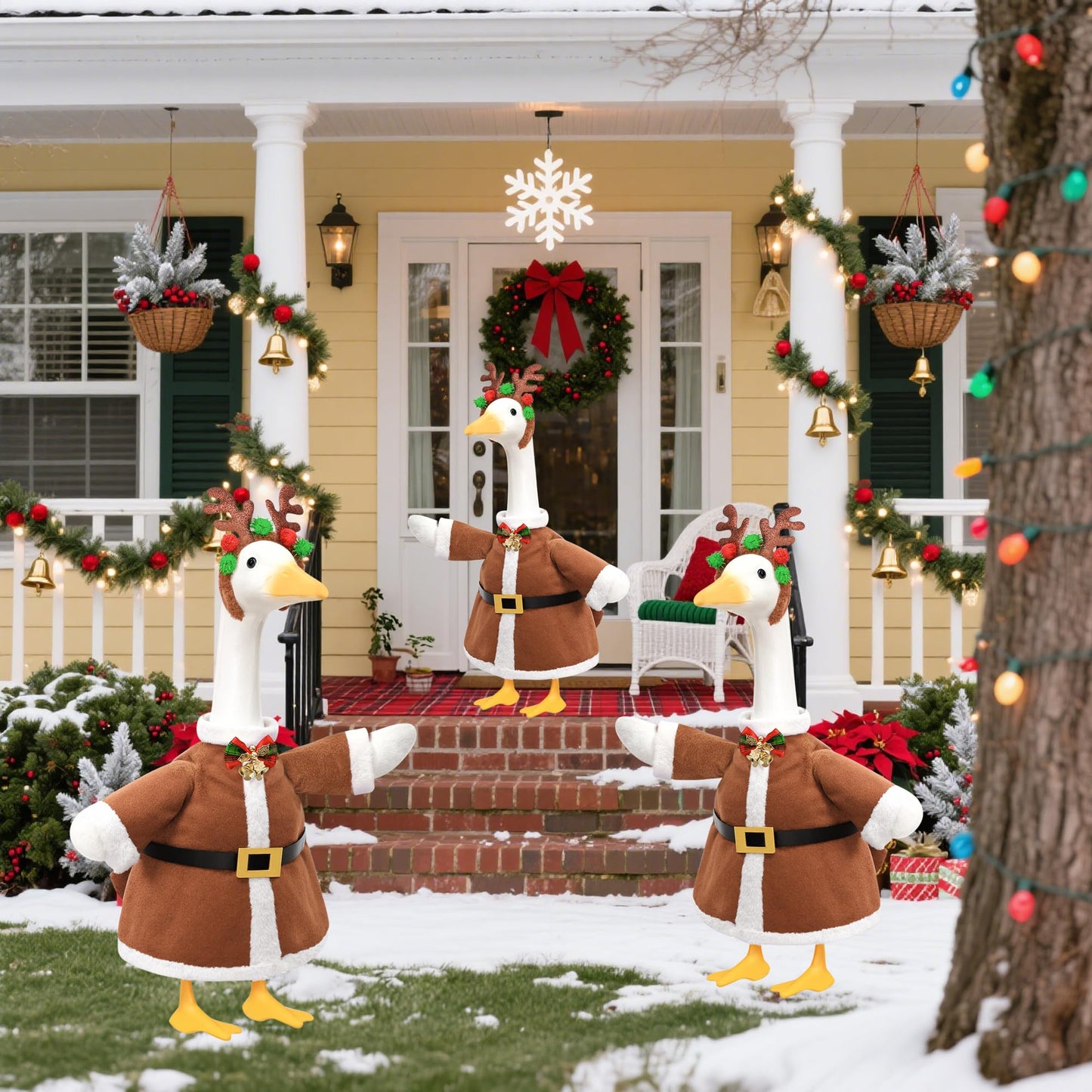 Lodaxu Christmas Porch Goose Outfit for Large 23" High Cement or Plastic Goose Statue, Yard Goose Cloths with Deer Antler Headband, Bell Bow Tie Decor for Outdoor Lawn Gaden Patio