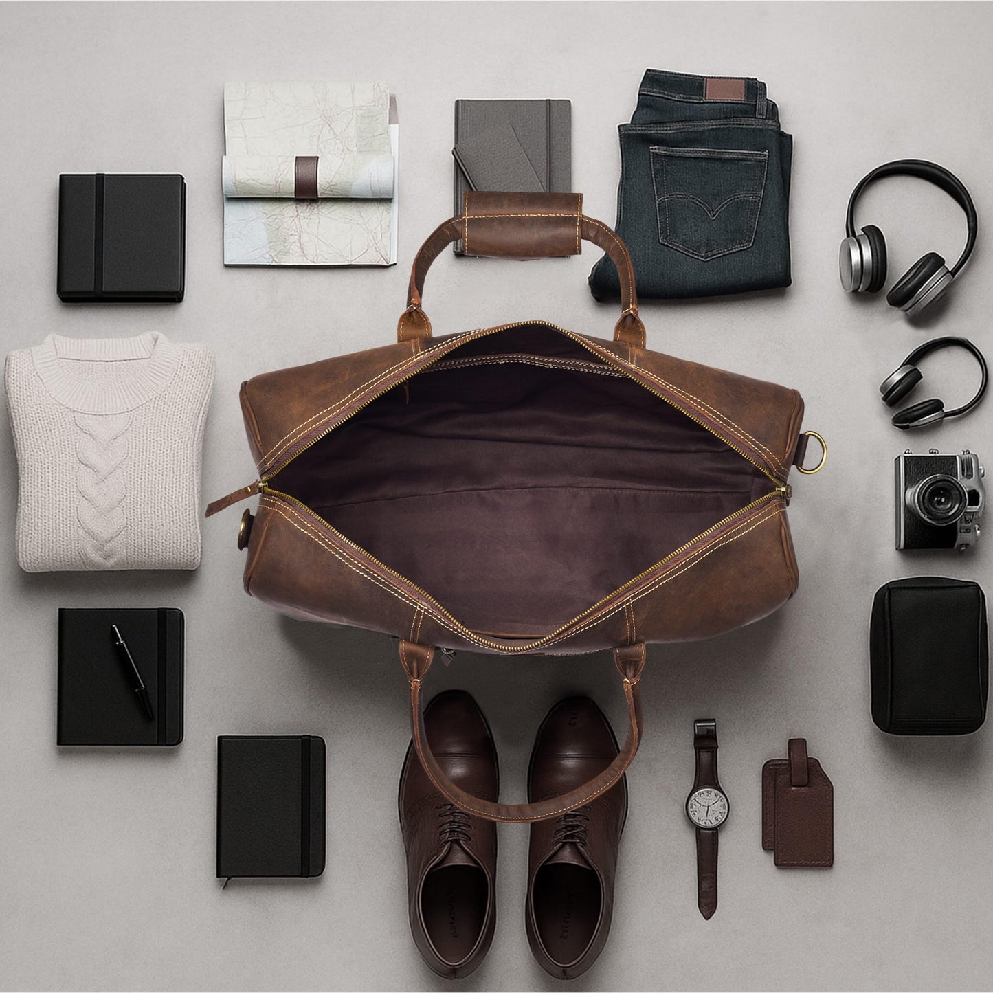 Genuine Leather Duffle Bag for Men & Women – Stylish Travel Weekender Bag with Shoulder Strap – Overnight, Gym, or Carry-On Luggage Bag – Vintage Brown