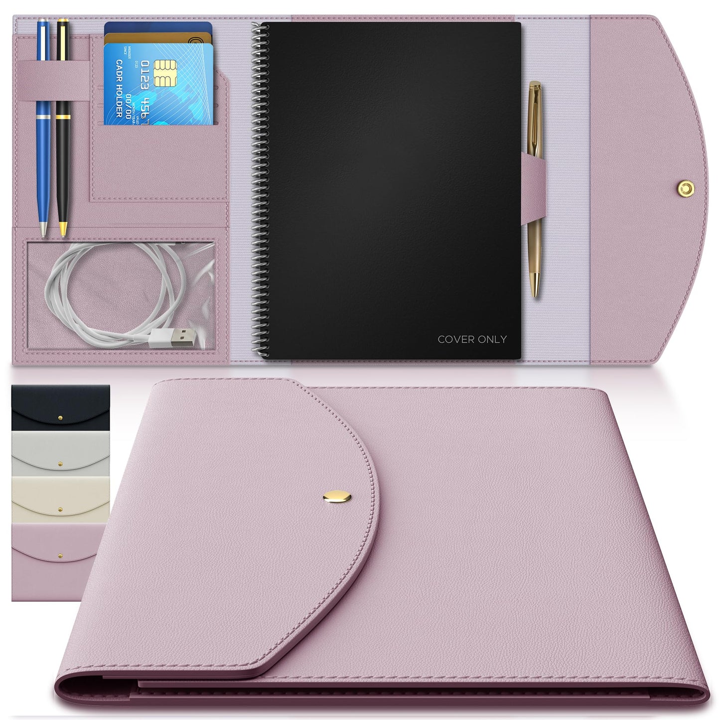 A4 Notebook Cover for Rocketbook, Planner & Journal – Slim Vegan Leather Folio with Pen Loop, Card Slots & Pockets – Fits Rocketbook Core, Panda, Fusion & Most 8.5" x 11" Notebooks