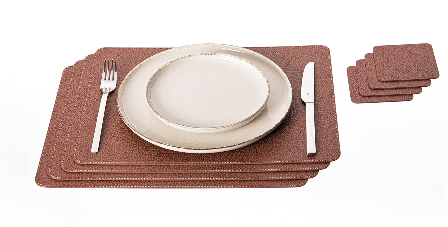Nikalaz Set of 4 Placemats and 4 Coasters Made of Recycled Leather (18''x13'', Dirty Brown)