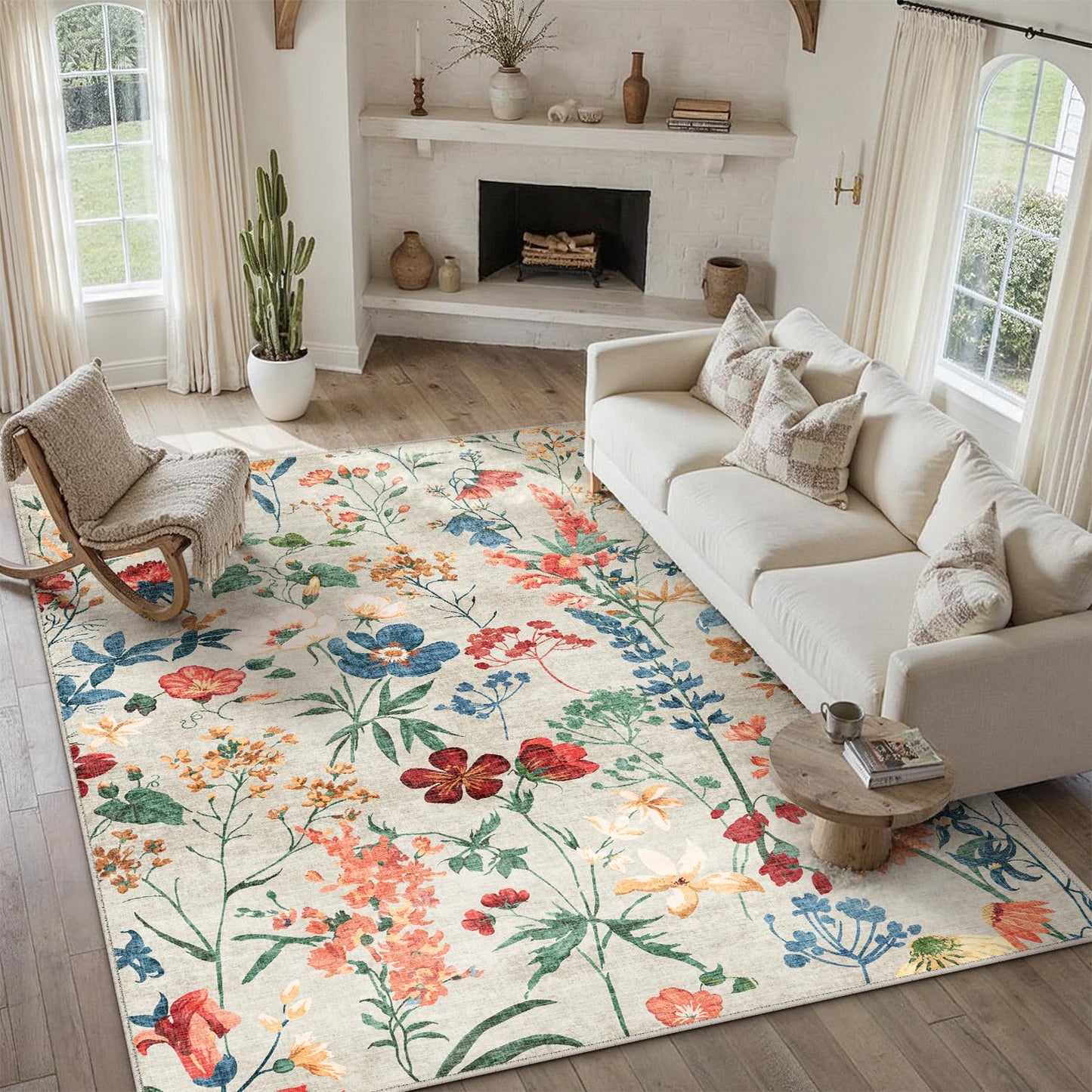 PureCozy Beige Area Rug 6x9 Floral Washable Living Room Kitchen Boho Carpet Non Slip Low Pile Indoor Accent Lightweight Soft Throw Rug for Bedroom Office Dining Room Nursery Farmhouse