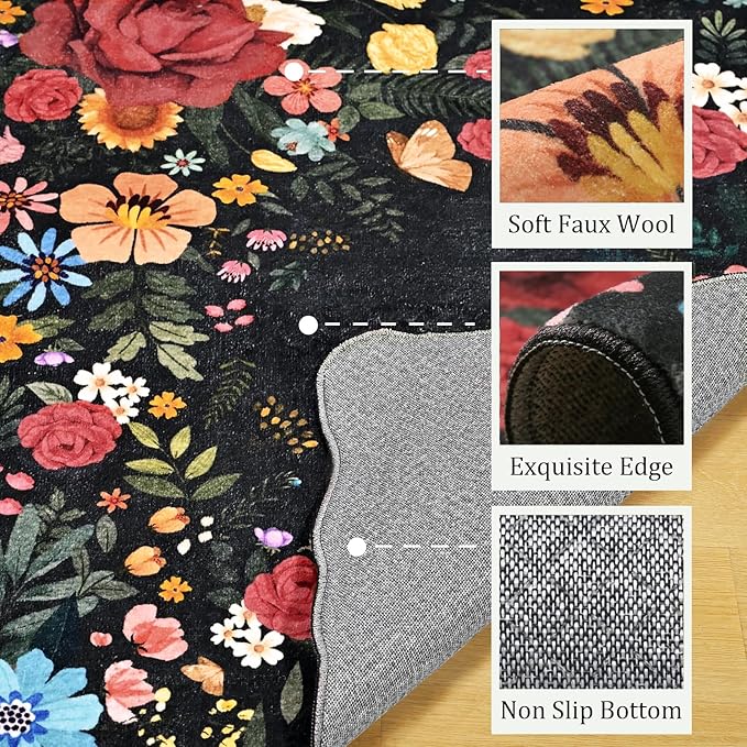 Kitchen Rug Runners for Hallways: 2x6 Washable Runner Rugs for Kitchen Ultra Thin Stain Resistant Non Slip Low Pile Lightweight Vintage Floral Carpet for Laundry Room, Bedside Decor (Black)