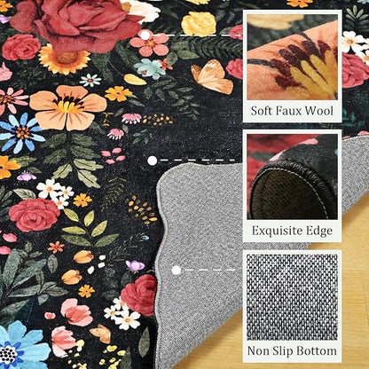 Kitchen Rug Runners for Hallways: 2x6 Washable Runner Rugs for Kitchen Ultra Thin Stain Resistant Non Slip Low Pile Lightweight Vintage Floral Carpet for Laundry Room, Bedside Decor (Black)