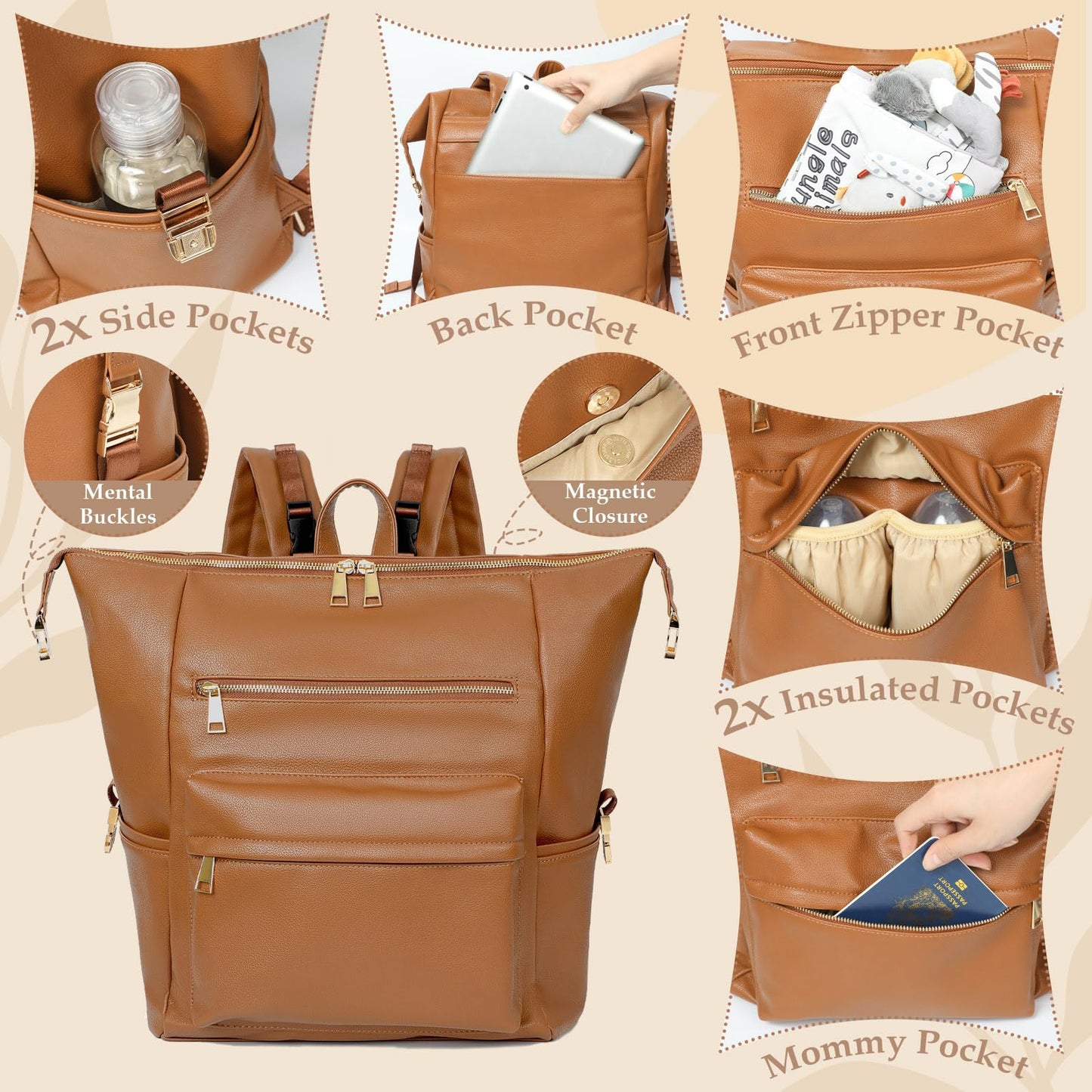 Omanmoli Diaper Bag Backpack Leather Backpack with 17 Pockets Travel Baby Diaper Bag,4 Insulated Pockets,Stroller Straps,Changing Pad,Brown