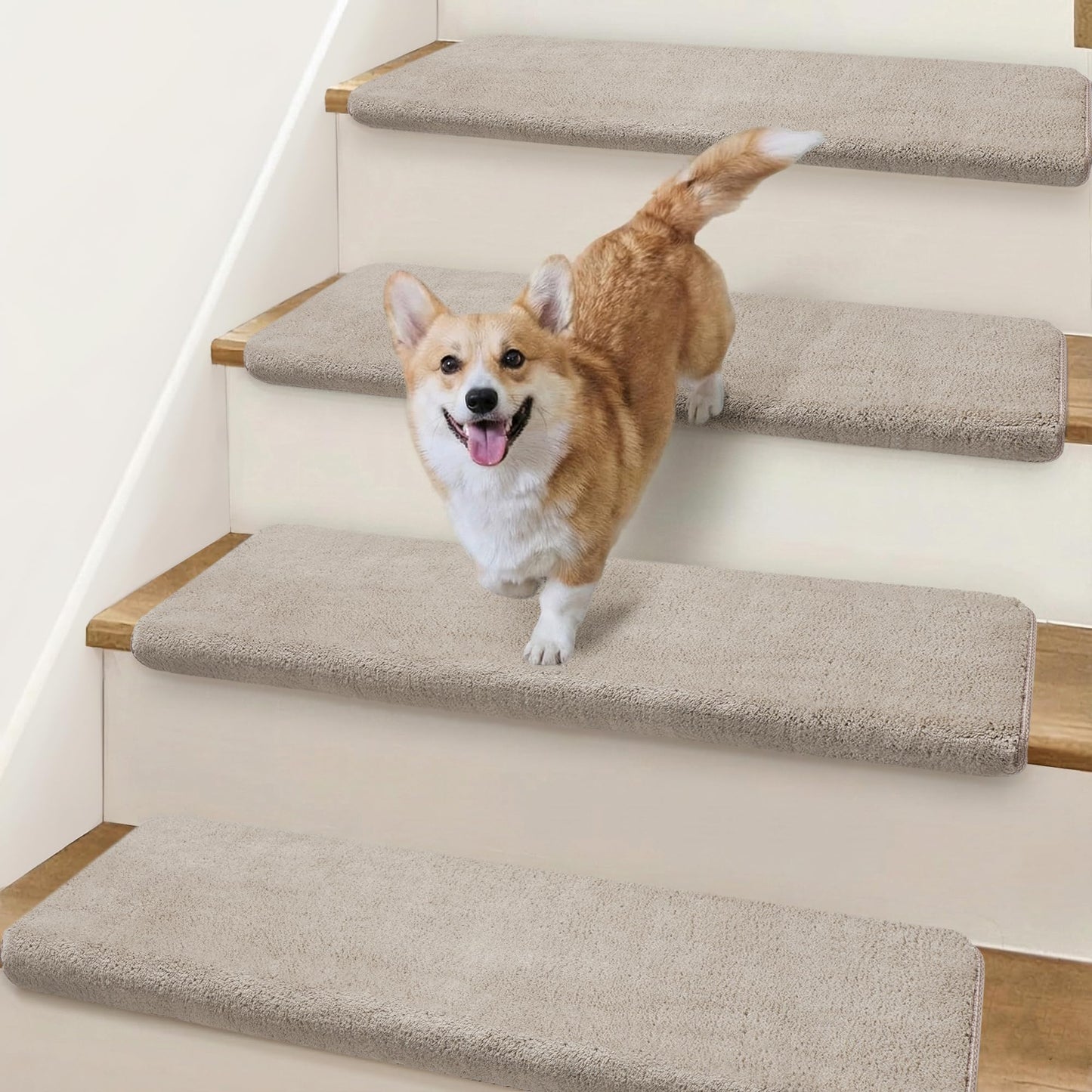 NEKL Bullnose Stair Treads Non Slip 9.5" x 32", 14 Pcs Ultra Plush Carpet Stair Treads for Wooden Steps Indoor with Edge Protection, Reusable Peel and Stick TPU Backing Stair Runner Rugs - Beige Gray