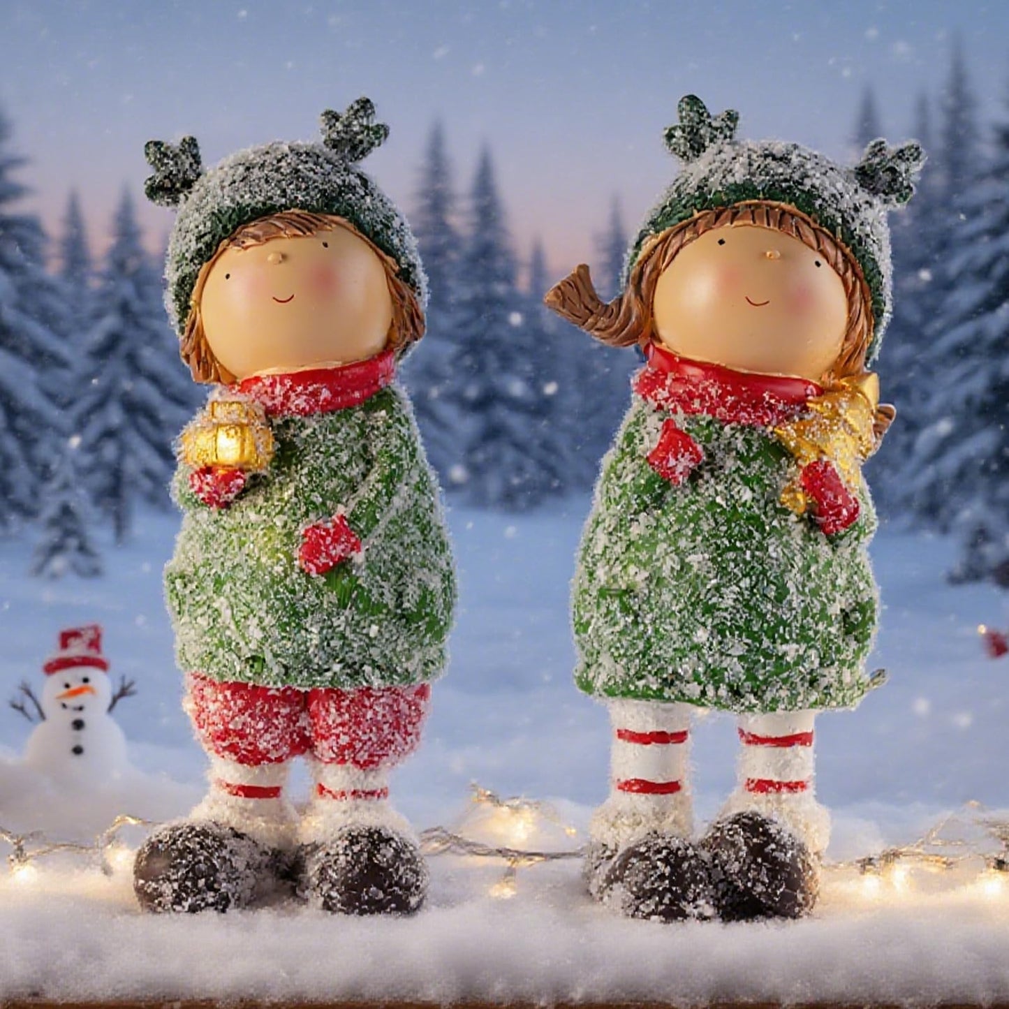 Brizoria Charming Winter Figurines Set of 2 Christmas Boy and Girl Statues Cute Kids Resin Holiday Figurines Winter Decorations Indoor for Home Mantel and Shelf Decor, 9"