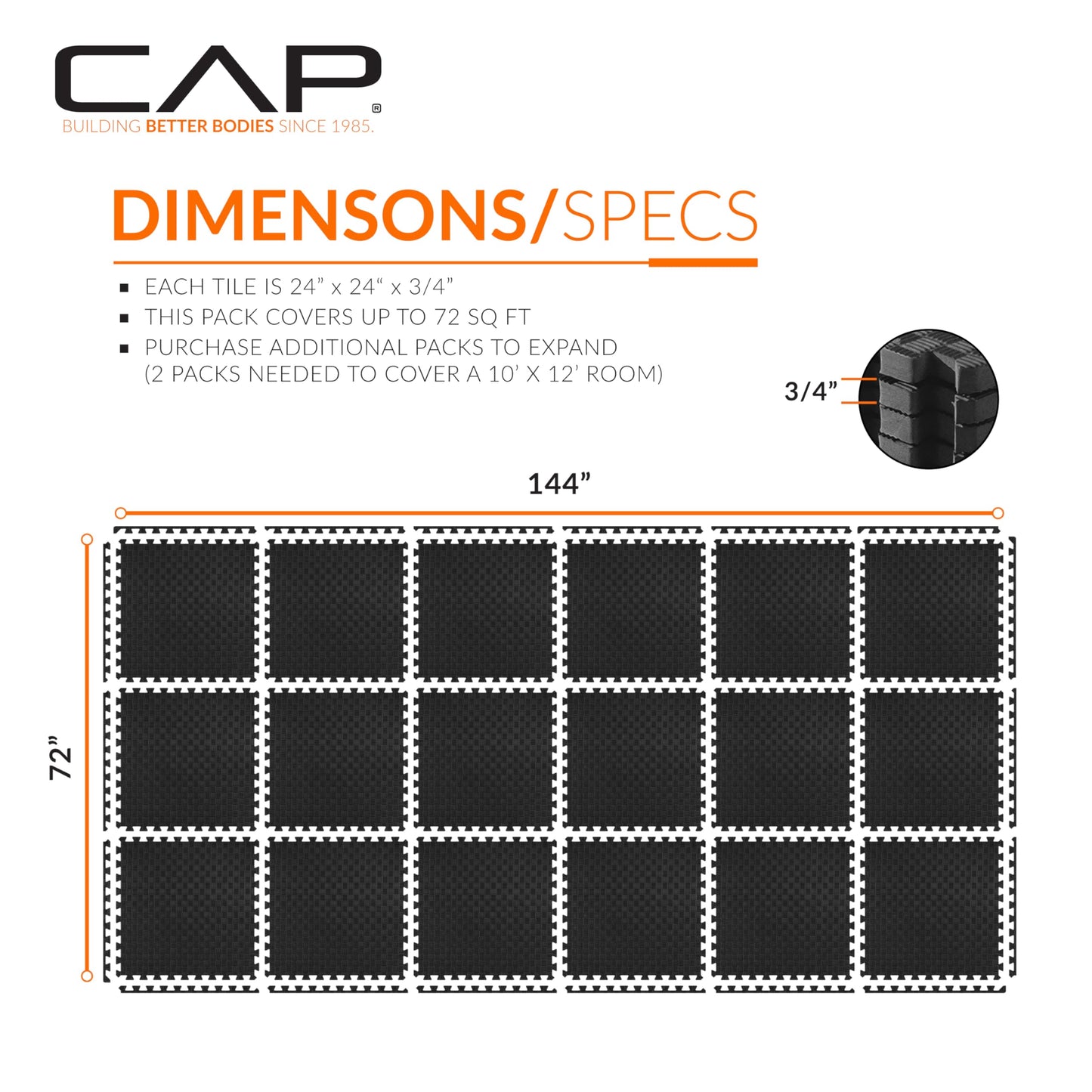 CAP Barbell 3/4-Inch Interlocking EVA Foam Exercise Puzzle Mat Home Gym Flooring - 3 Pack | 24" x 24" x 3/4" | Tatami Pattern - Black