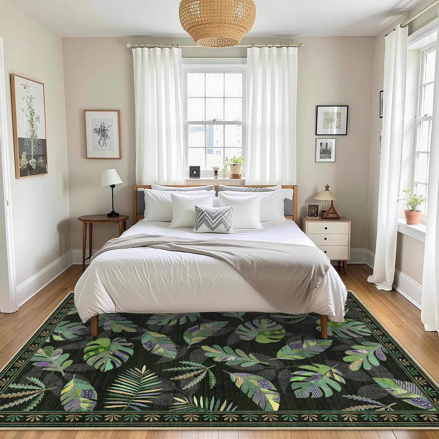 Large Area Rug 5x7 Monstera Rug Living Room Sage Green Leaf Rugs Machine Washable Tropical Botanical Rug Non Slip Printed Low Pile Indoor Floor Carpet for Dining Room Bedroom Office,Green