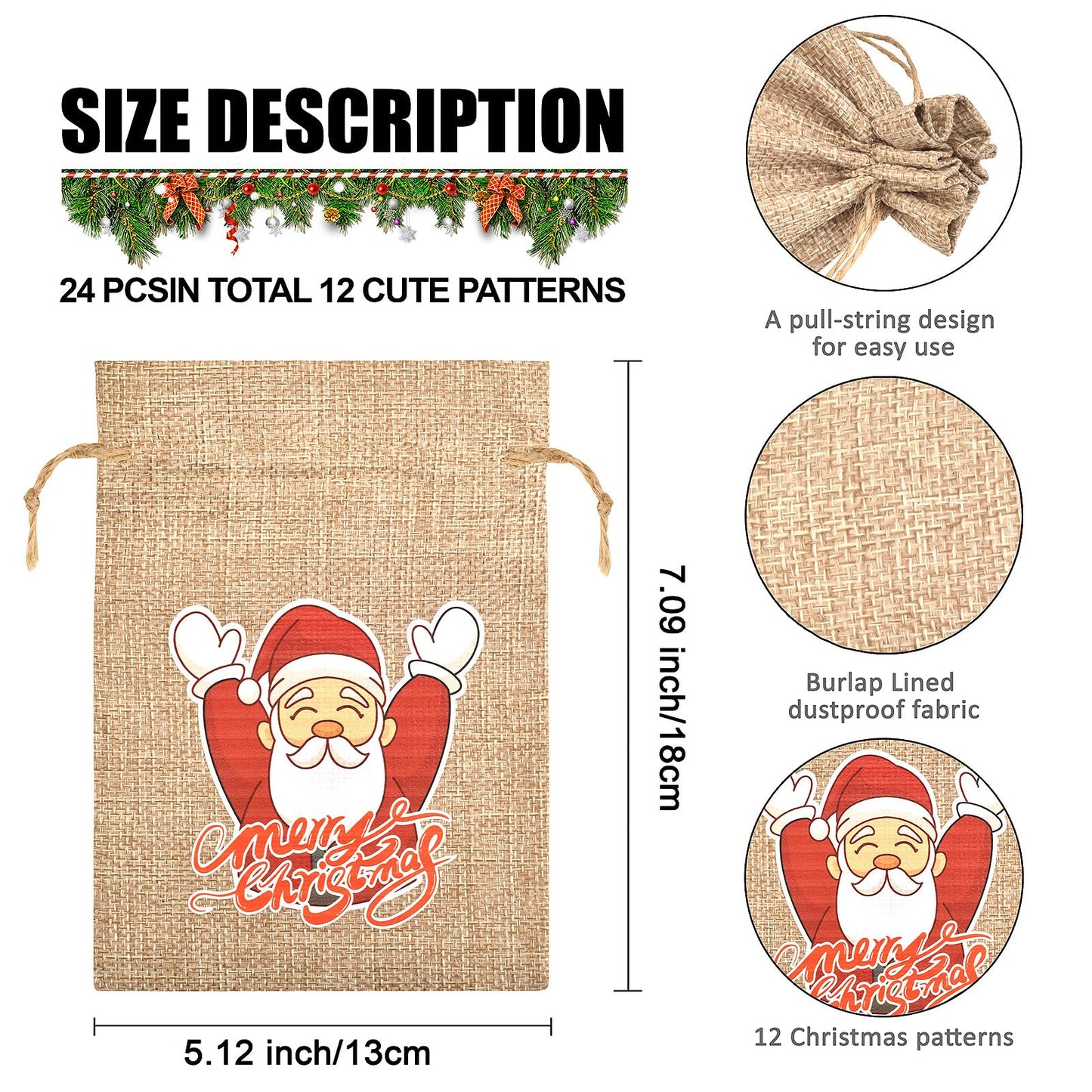 Christmas Small Burlap Bags with Drawstring, Burlap Gift Bags Christmas Linen Treat Sacks Gift Wrapping Bags Xmas Holiday Party Favors Bags(7x5 inch, 24 Pcs)