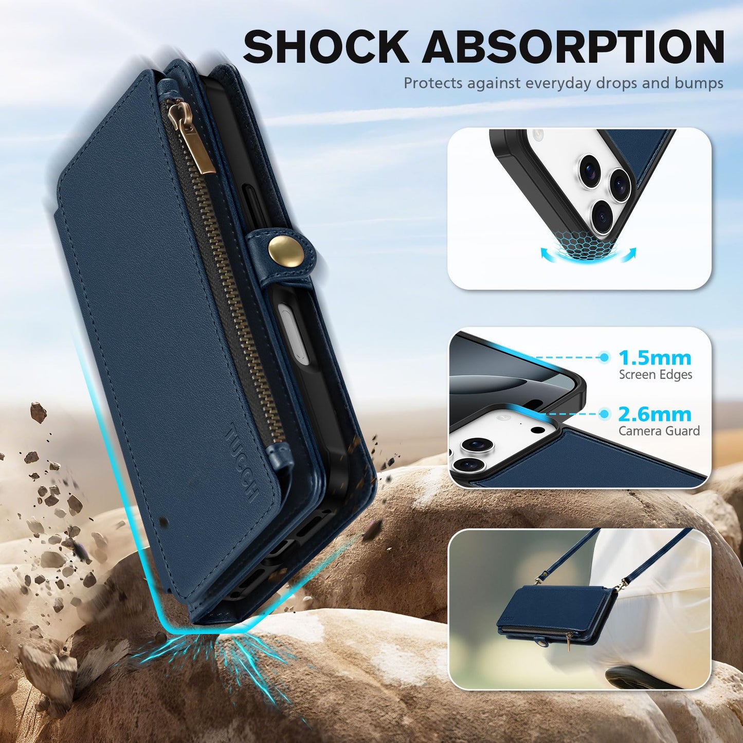 TUCCH Crossbody Detachable Wallet Case for iPhone 17 Pro Max 6.9", 10 Card Holders RFID Blocking, Wireless Charging, Stand, Wrist Strap, Lanyard, Zipper Pocket, PU Leather Shockproof Cover, Dark Blue