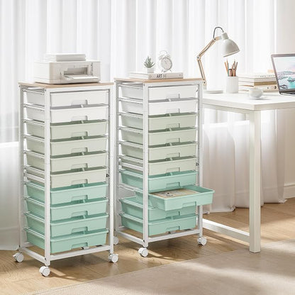 SYKIARIOL Rolling Cart with Drawers,10 Drawer Rolling Cart,Storage Cart,Utility Cart,Teacher Cart for Classroom Storage,Craft Cart with Wheels and Wooden Tabletop,Green
