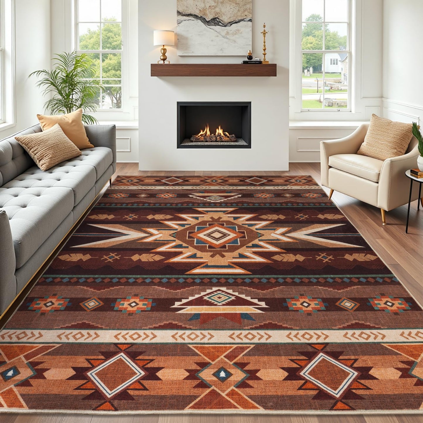 Western Rug for Living Room, 5x7 Non Slip Low Pile Aztec Rug for Bedroom, Dining Room Rugs for Under Table, Office, Machine Washable Area Rugs, Red Brown
