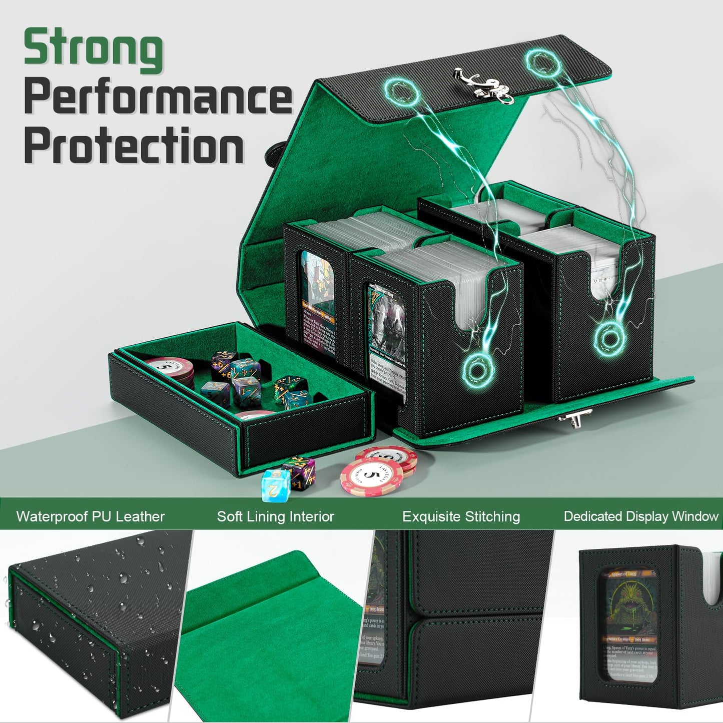 MTG Deck Box with Commander Display,Fits 400+ Double-Sleeved for TCG Cards,5-in-1 Card Storage Box with Handle,Removable Deck Case＆Dice Tray(Black & Green)