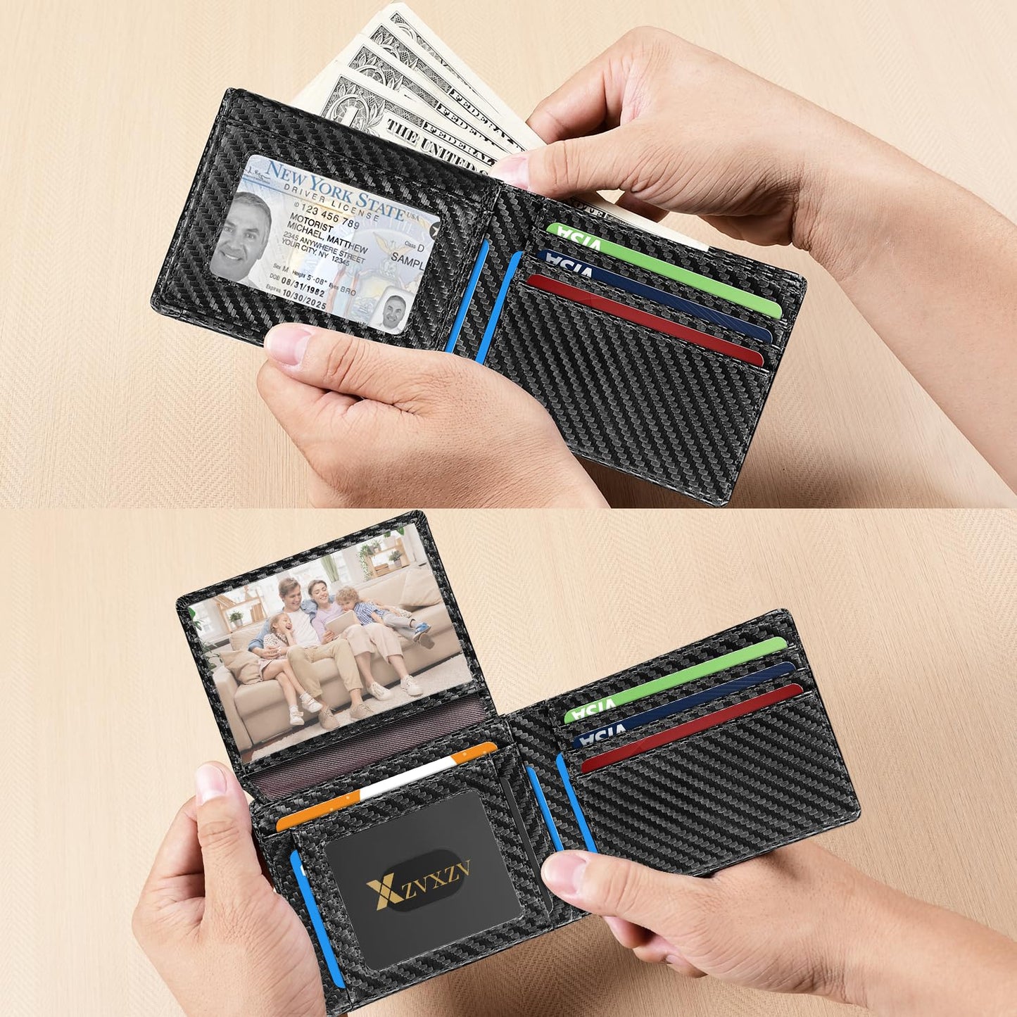 XZVXZV Men's Ultra Thin Wallet Leather RFID Blocking Bifold Stylish Wallet with Slim Minimalist Front Pocket 2 ID Windows (Carbon Black)