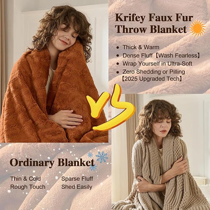 Krifey Faux Fur Throw Blanket, Super Soft Cozy Blanket, Luxury Fluffy Blanket Warm Bed Throw, Plush for Women, Camel 50" x 60"
