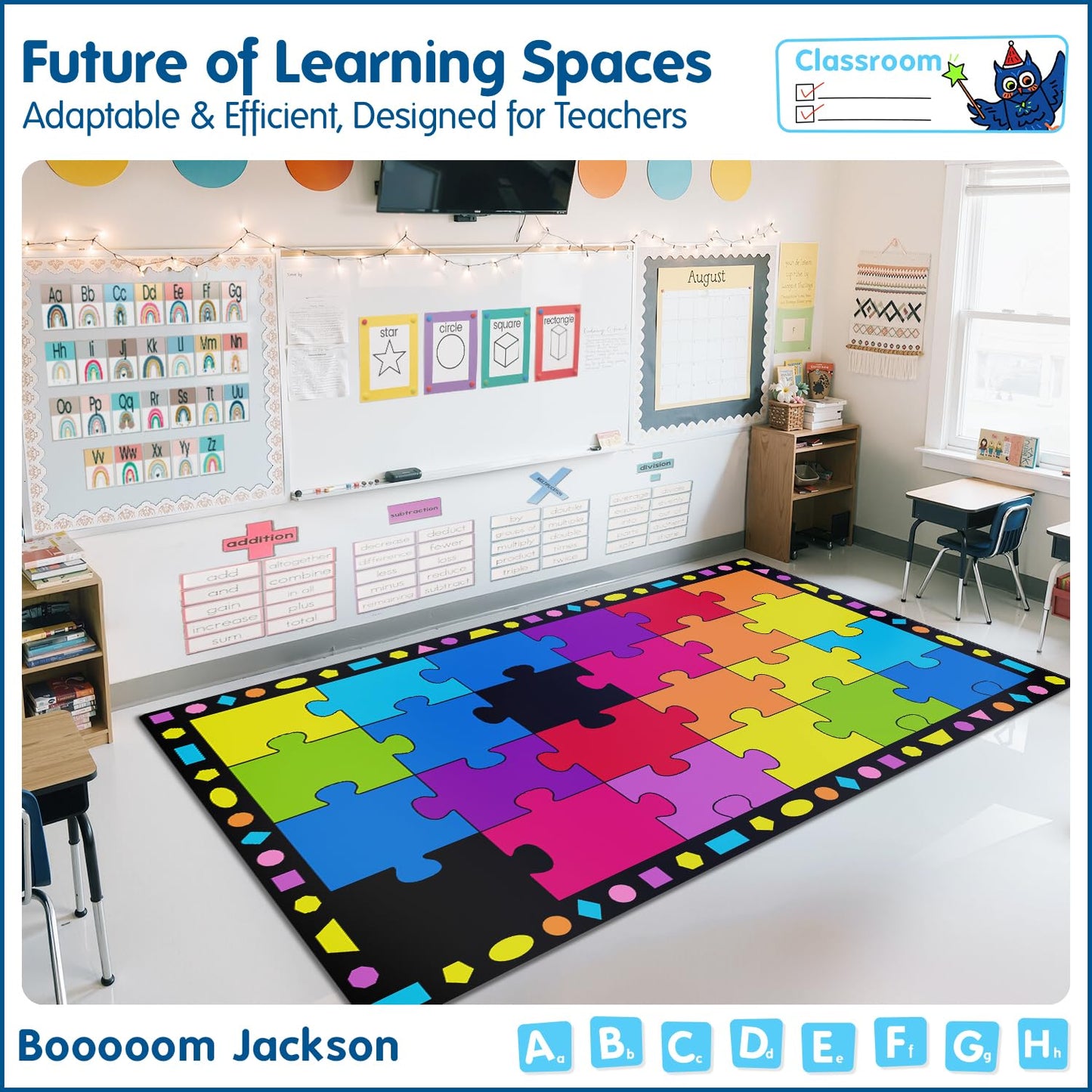 Booooom Jackson Classroom Rug Elementary, Large School Carpet Fade-Resistant with 24 Spots Puzzle Pattern Carpet Colorful Seating Rug for Preschool, Daycare 7'5''x13' Nylon Material