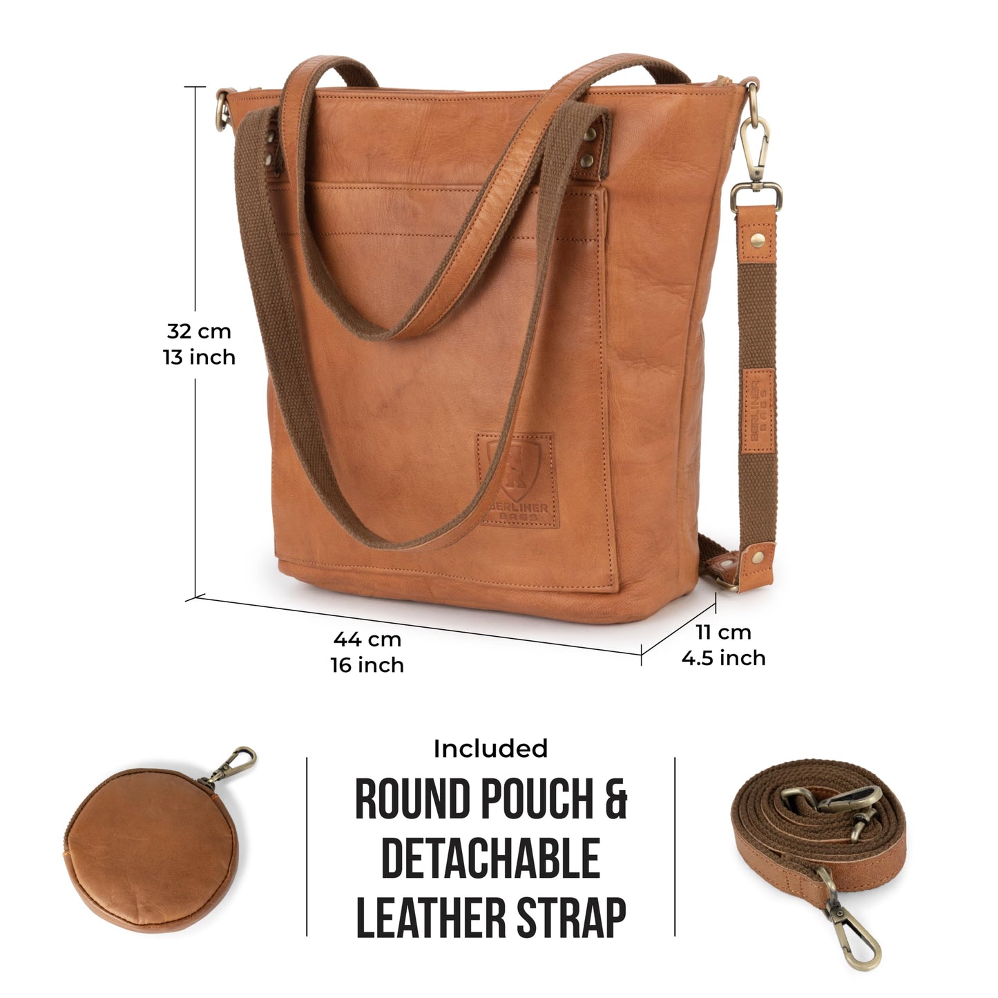 BERLINER BAGS Vintage Leather Shoulder Bag Verona, Large Handbag for Women - Brown