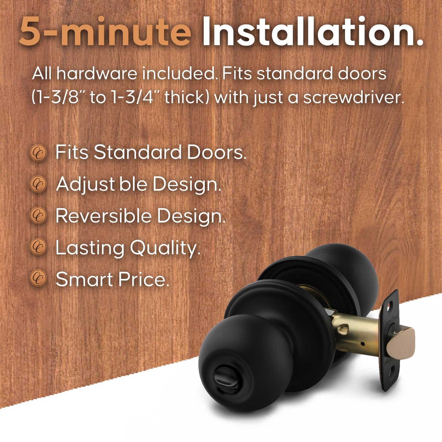 Copper Creek Privacy Interior Door Knob – ANSI Grade-3 Certified, Modern Heavy Duty Handle, Easy Install and Reversible for Bedroom, Bathroom and Closets – Matte Black (1 Pack)