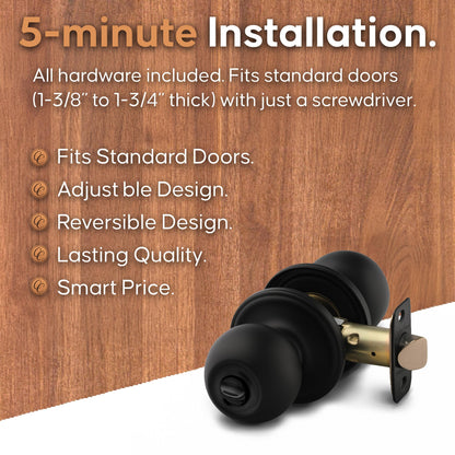Copper Creek Privacy Interior Door Knob – ANSI Grade-3 Certified, Modern Heavy Duty Handle, Easy Install and Reversible for Bedroom, Bathroom and Closets – Matte Black (1 Pack)