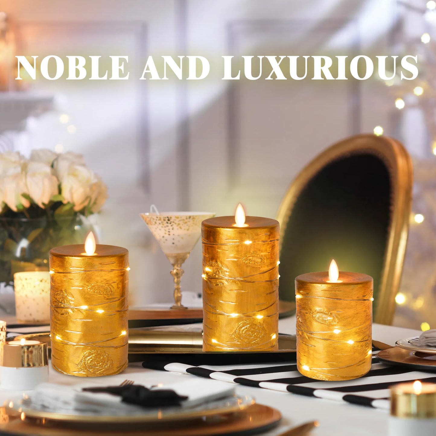 Da by 3 Pack Gold Wax Flameless Taper Candles, Realistic Flickering LED Candles with Surrounding Fairy String Lights, Soft Warm Light Battery Candles with Remote for Indoor Outdoor Decor