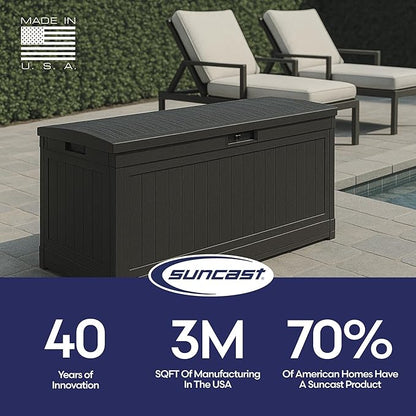 Suncast 80-Gal. Waterproof Resin Large Outdoor Patio Deck Box with Pad-Lockable Lid, Modern Outdoor Patio Bench/Storage Box for Cushions, Garden Tools, and More, Iron Ore