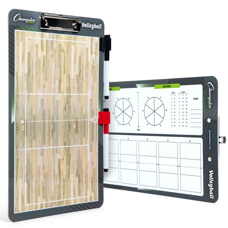 Champion Sports Dry Erase Clipboard for Coaching Volleyball - Whiteboards for Strategizing, Techniques, Plays - 2-Sided Clipboards with Clip - Front Side Full Court - Backside Half Court and Lineup