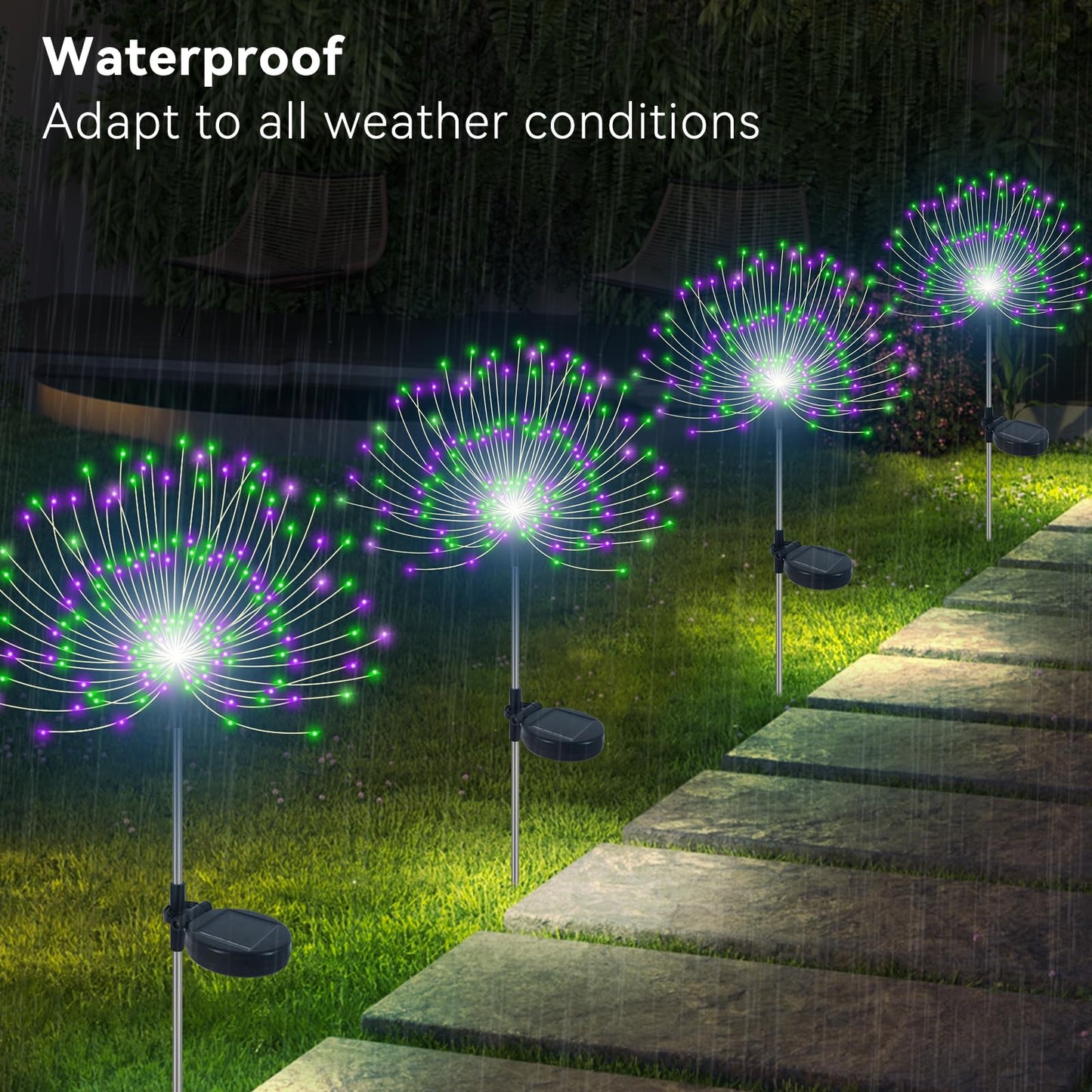 Slyuexu Solar Garden Lights Outdoor Waterproof, 2 Pack 120 LED Solar Firework Lights Decorative Garden Décor Outside for Flowerbed Pathway Party Halloween Christmas Decorations, Green + Purple