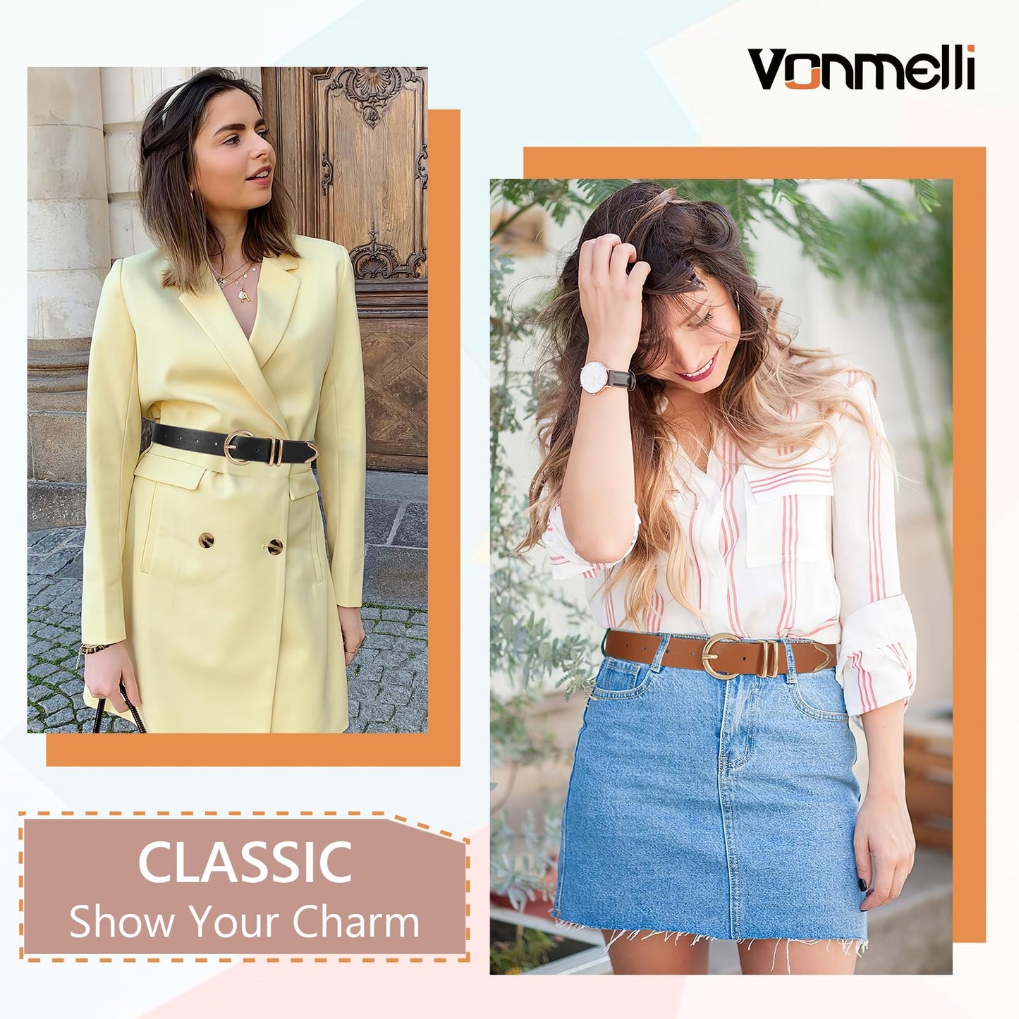 VONMELLI 2 Pack Women's Leather Belts for Jeans Pants Fashion Gold Buckle Ladies Belt Black Brown, M