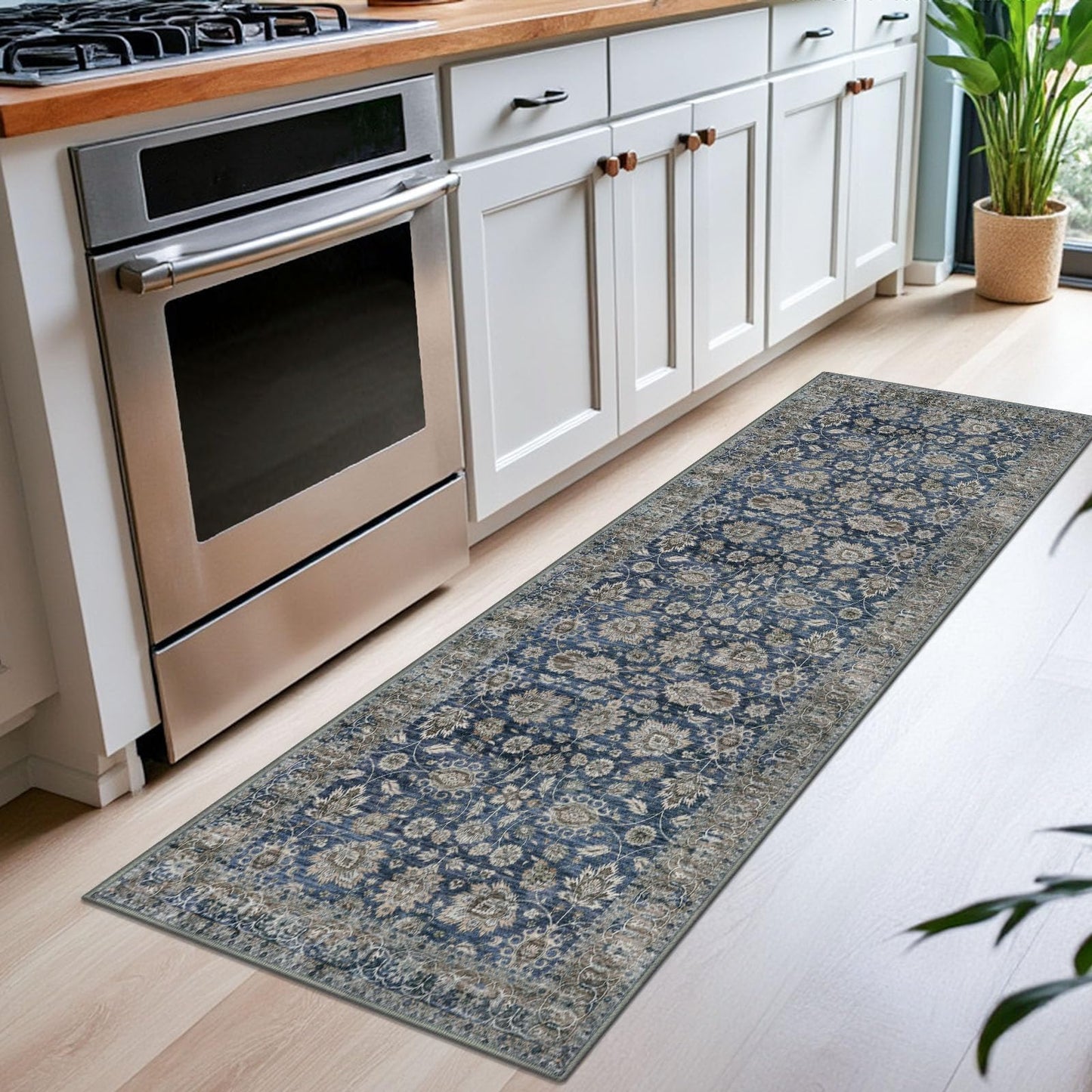 KOZYFLY Runners for Hallways 2x6 Blue Washable Runner Rug Non-Slip Soft Kitchen Runner Rugs, Printed Floral Traditional Carpet Runner for Entryway Bathroom Laundry Bedroom Foyer