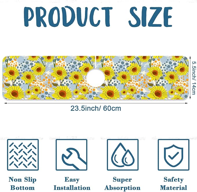 Watercolor Sunflowers Sink Splash Guard Faucet Mat Sunflowers Polka Dots Super