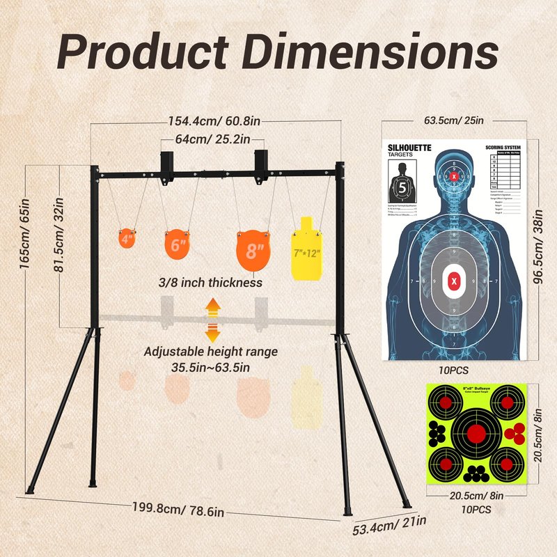 AR500 Steel Targets and Stand System Kit - 3/8" Thick with 4",6",8" Gongs & 7"x12" Torso, Adjustable 35.5"-63.5" Shooting Target Stand, Bonus 10pc Paper Targets & 10 Stickers for Outdoor Rifle Pistol