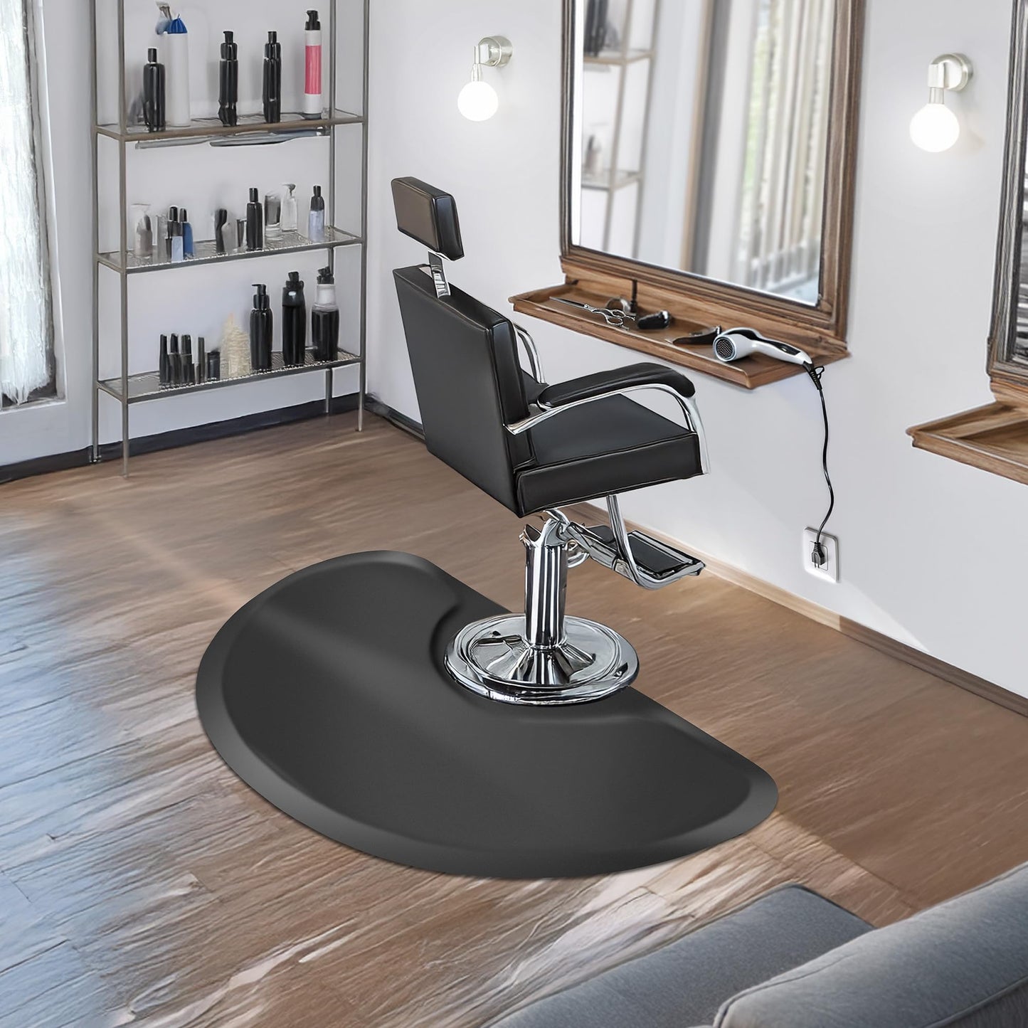 Saloniture 3 ft. x 5 ft. Salon & Barber Shop Chair Anti-Fatigue Floor Mat - Black Semi Circle - 1/2 in. Thick - 2 Pack
