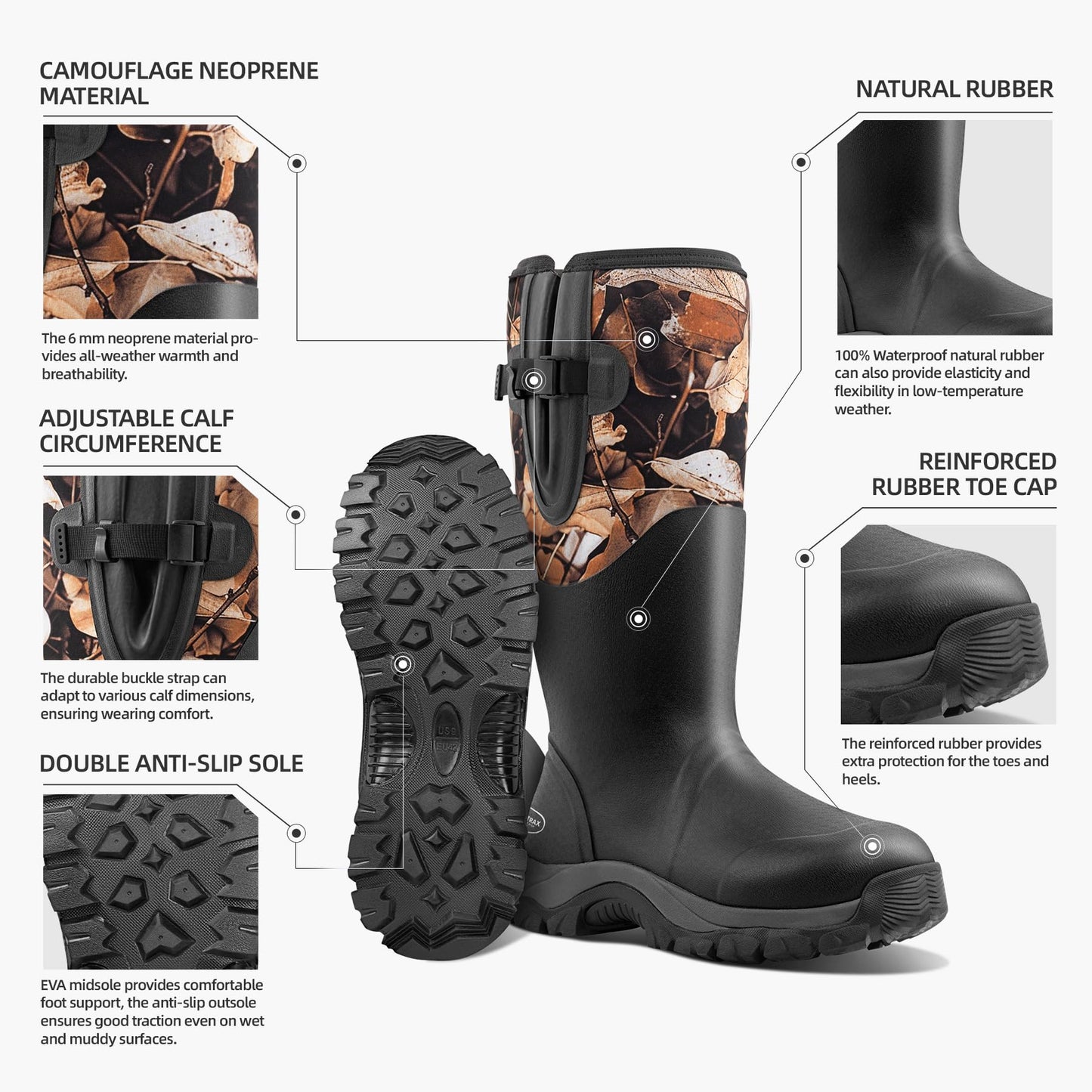 Men's Waterproof Hunting Boots, Camouflage 6mm Neoprene Muck Boots for Outdoor Hunting, Fishing, Farming & Work Black size 9