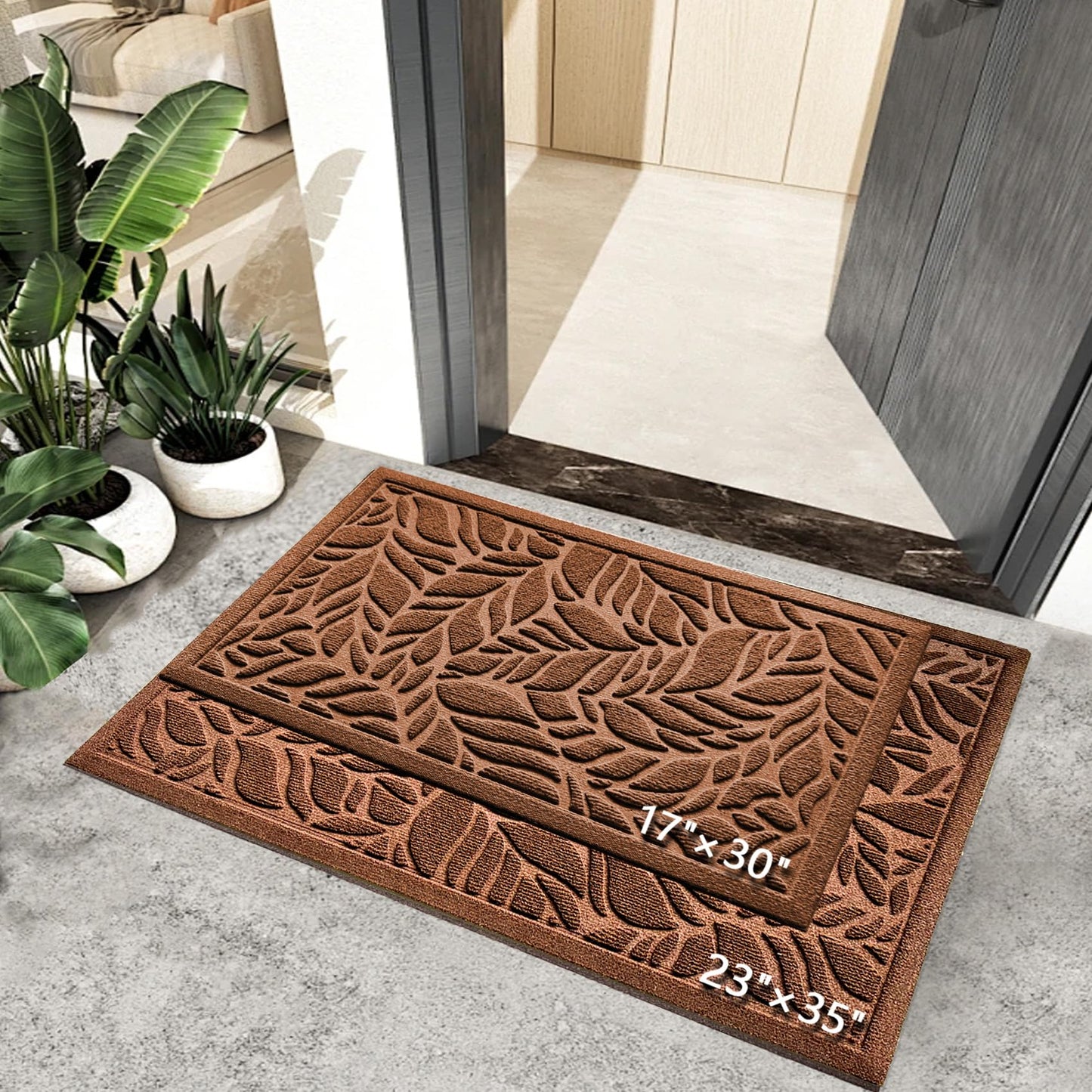 Bulijojo Front Door Mat Entrance,Durable Heavy Duty Welcome Mat,Thick Absorbent Natural Rubber Non Slip Mat,Sturdy Entryway Brown Leaves,23x35