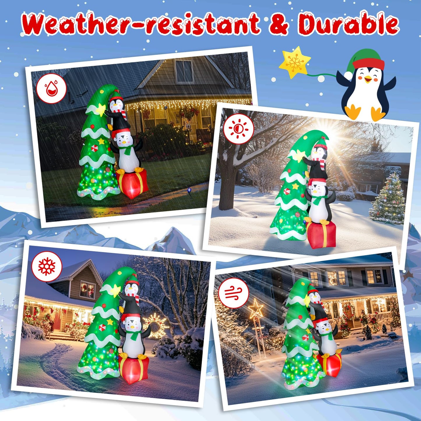 7FT Inflatable Christmas Tree Outdoor Decorations, Blow up Christmas Tree with Penguins & Gift Box Yard Decorations, Build-in LED Lights for Holiday Party Indoor Garden Lawn Patio Festive Decor