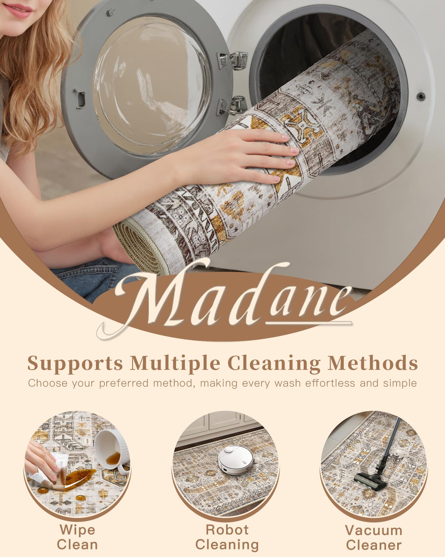 Madane Washable Runner Rug - 2x6 Rug Runners for Hallways 6 Feet Non Slip Vintage Kitchen Runner Rug Ultra-Thin Bathroom Runner Rugs Carpet Laundry Room Bedroom (2x6ft, Brown/Gold)