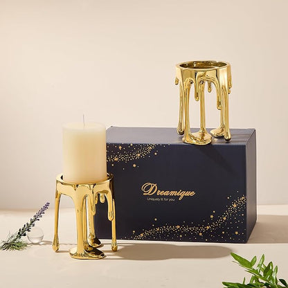 Decorative Candle Holders Set of 2 – Melting Drip Candle Stand for Pillar Candles – Sculptural Fireplace Decor, Gothic Table Centerpiece, Unique Home Accent(Gold, Set of 2)