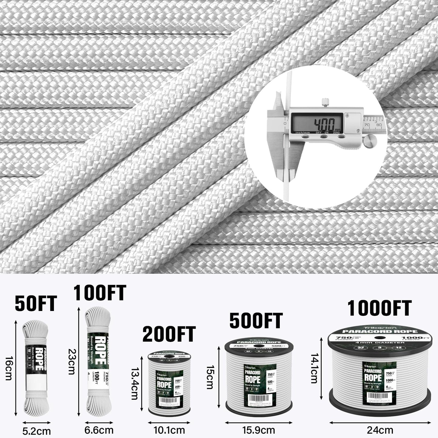 TRIBERION Paracord Rope 750 lb - 1000ft 5/32" Parachute Cord 4MM 12-Strand para Cord - Heavy Duty Spool String for Survival,Camping Gear, Survival Bracelet, Clothesline - White