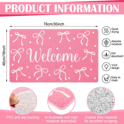 Mindsoft Pink Welcome Mat Bow Front Door Mat for Girls Home Decor Princess Coquette Rug 18 x 30 Inch Sweet Home Indoor Holiday Decoration