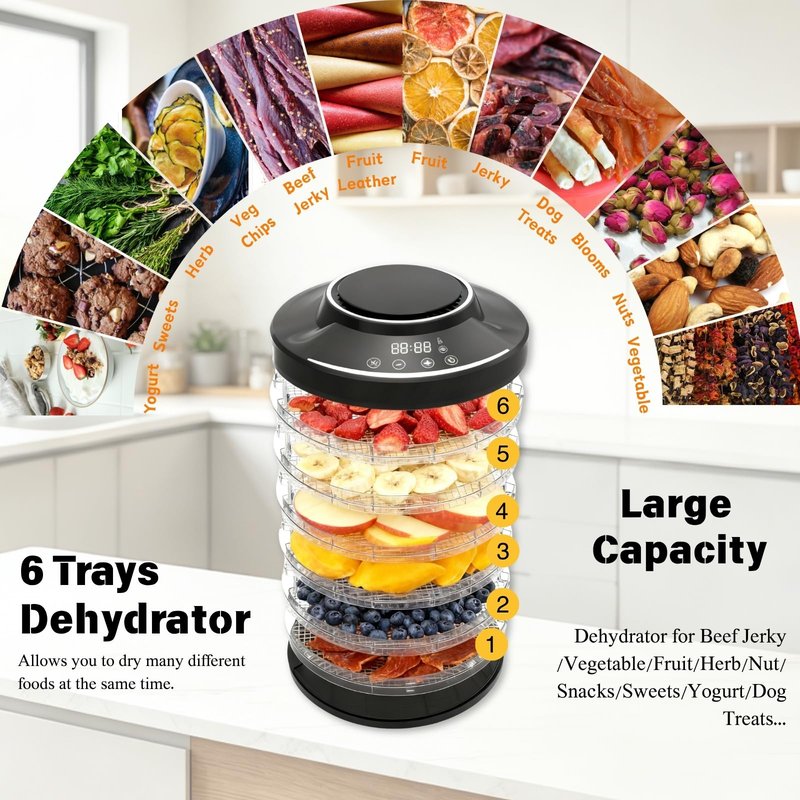 LSZY Food Dehydrator Machine for Mushroom,6 Trays Jerky Dehydrator Machine with 24H Timer, 600W 158°F Food Dryer Dehydrator for Meat, Herbs, Meat, Fruit,Dog Treats (Black)