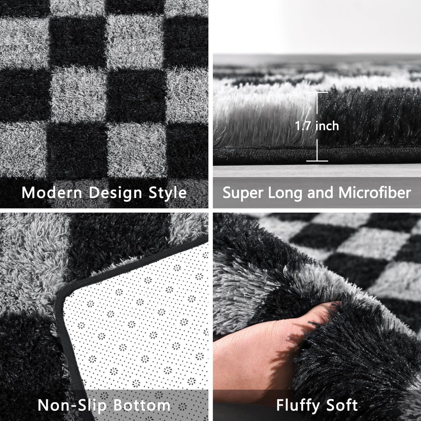 FALARK Rugs for Living Room Bedroom, 6x9 ft Black and Grey Checkered Area Rug, Fluffy Soft Washable Carpet, Modern Non-Slip Shag Carpets for Dorm Home Decor Aesthetic, Nursery, Playroom